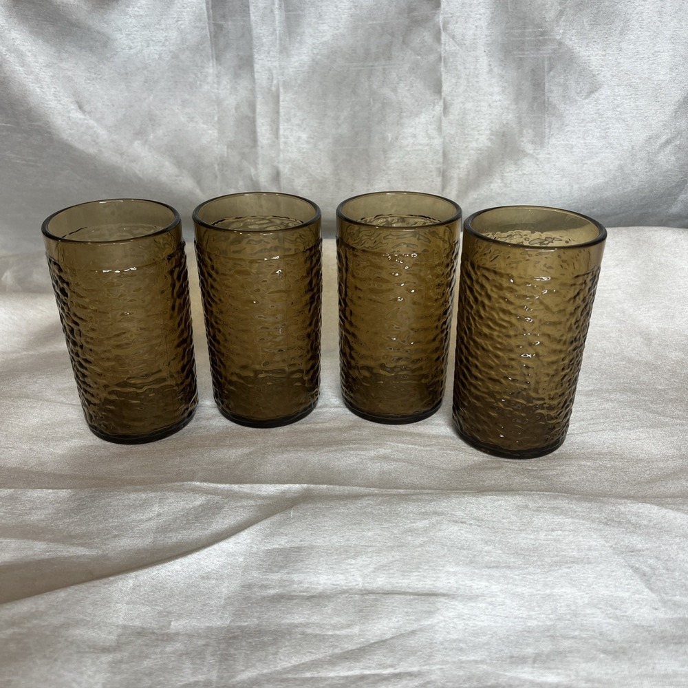 Vintage Restaurant Freeze Drinking Glasses 8 Oz Set Of 4 Amber / Brown  Textured